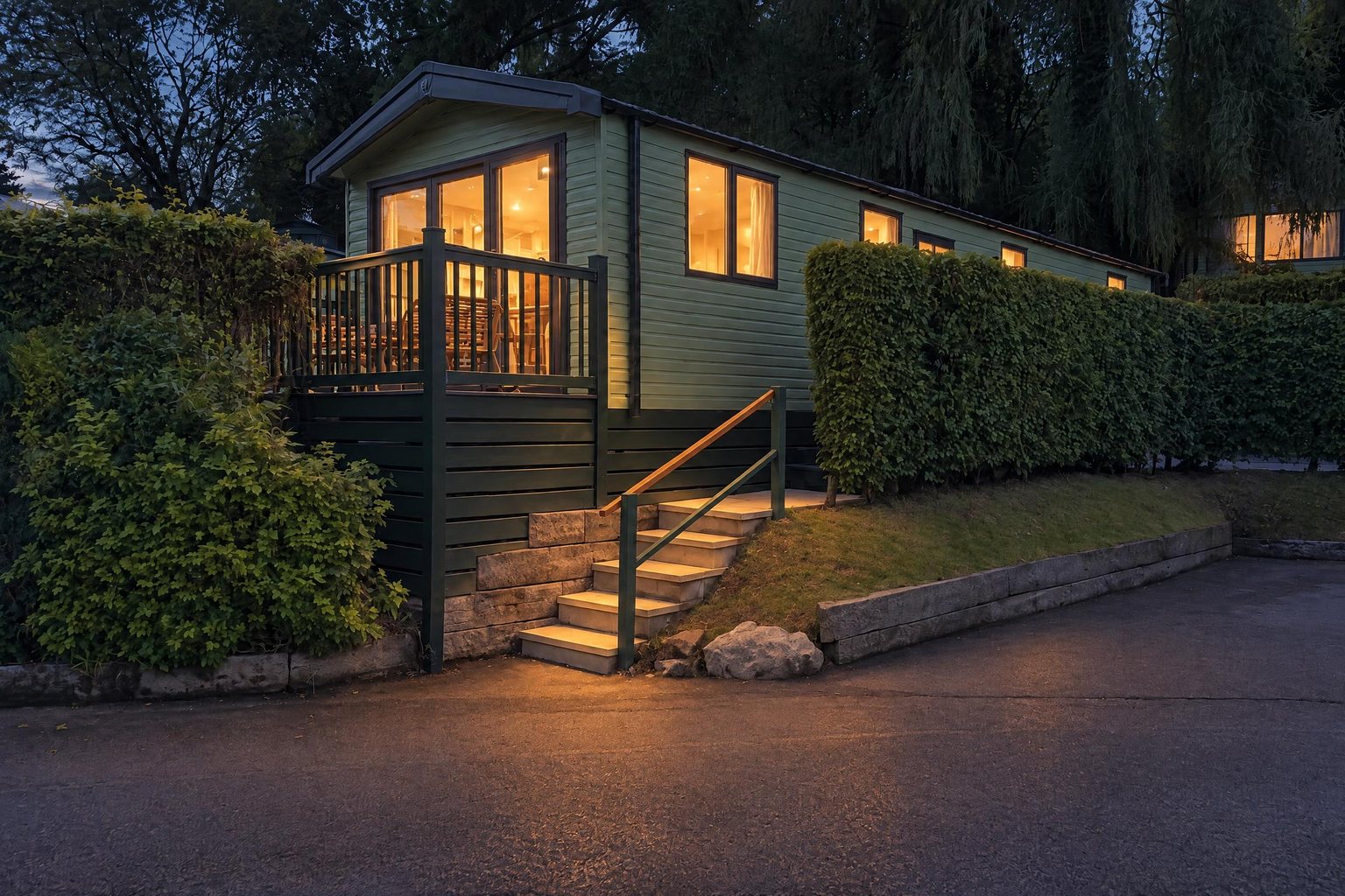 The same holiday home at dusk, its windows lit