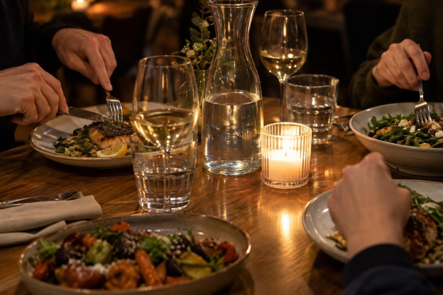 A restaurant table in the evening: plates, glasses and a candle